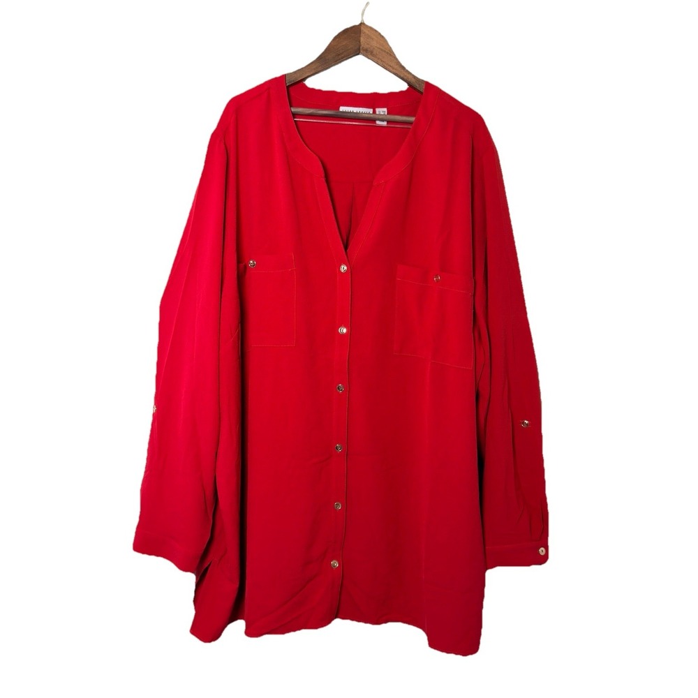 Susan Graver Button Down Tunic Women 28W Red Roll Tab Long Sleeve Blouse A286471
